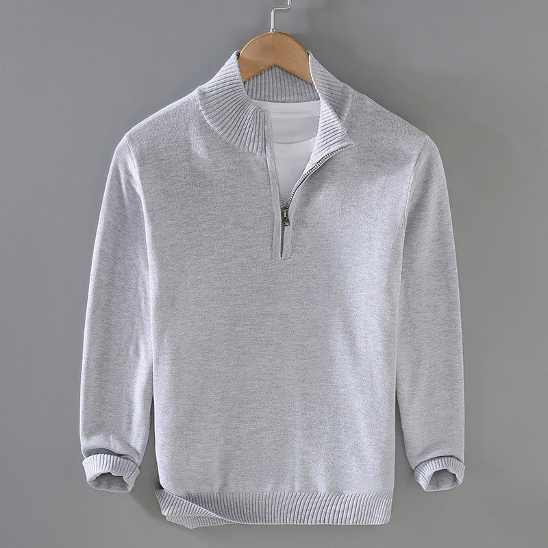 Buddha Stones Gerippter, einfarbiger Saum-Design Herren-Pullover mit Stehkragen und langen Ärmeln aus reiner Baumwolle - Hellgrau - US/ UK/AU42, EU52 (3XL) - image 2