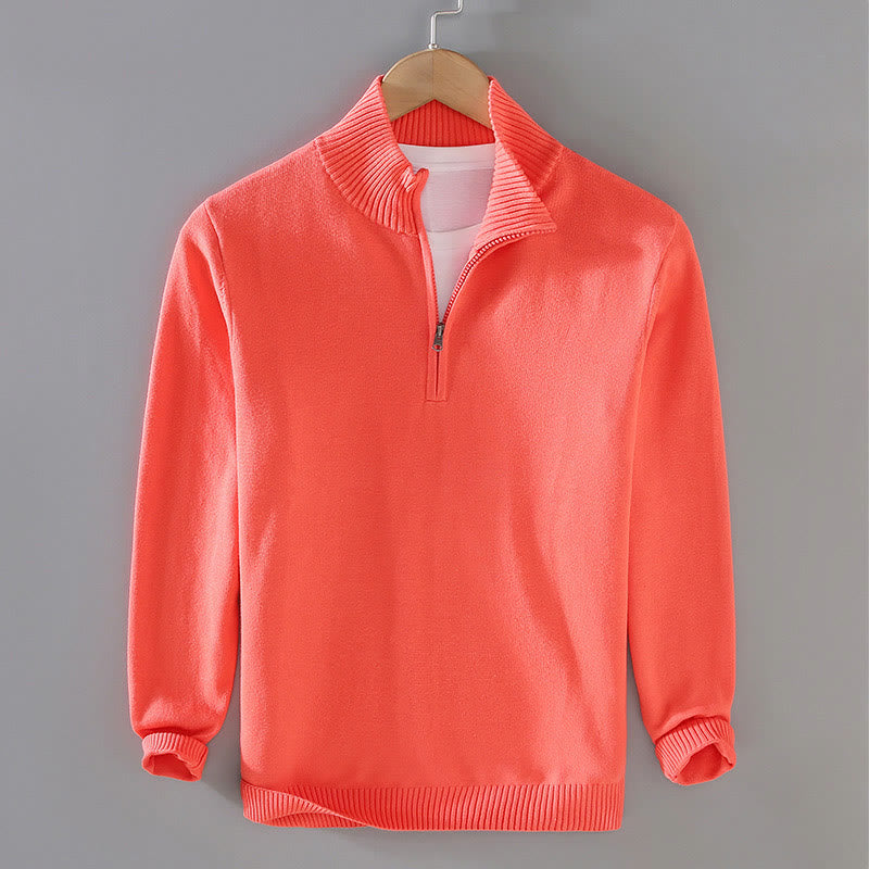 Buddha Stones Gerippter, einfarbiger Saum-Design Herren-Pullover mit Stehkragen und langen Ärmeln aus reiner Baumwolle - Orangerot - US/ UK/AU42, EU52 (3XL) - image 15