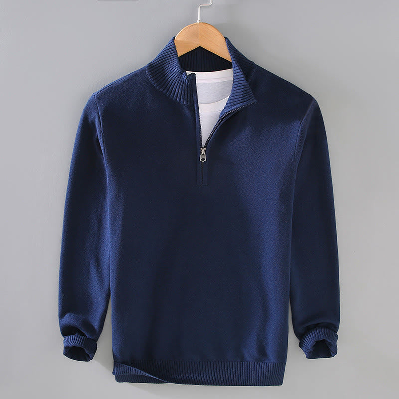 Buddha Stones Gerippter, einfarbiger Saum-Design Herren-Pullover mit Stehkragen und langen Ärmeln aus reiner Baumwolle - Marine - US/ UK/AU42, EU52 (3XL) - image 0