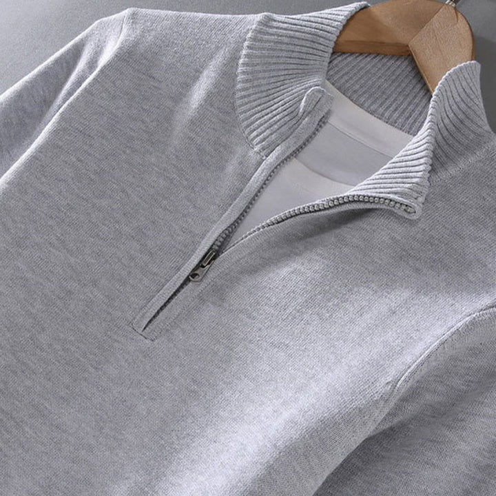 Buddha Stones Gerippter, einfarbiger Saum-Design Herren-Pullover mit Stehkragen und langen Ärmeln aus reiner Baumwolle - image 4