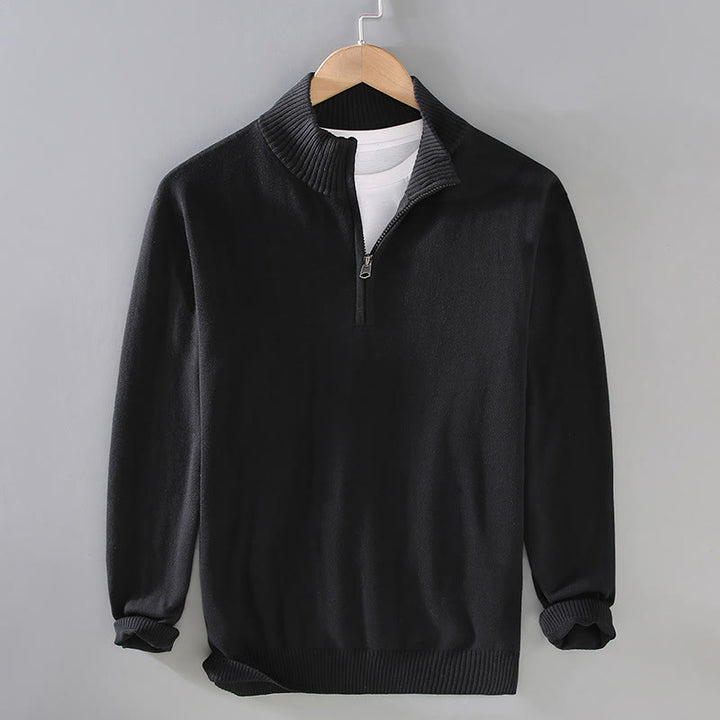Buddha Stones Gerippter, einfarbiger Saum-Design Herren-Pullover mit Stehkragen und langen Ärmeln aus reiner Baumwolle - Schwarz - US/ UK/AU42, EU52 (3XL) - image 1