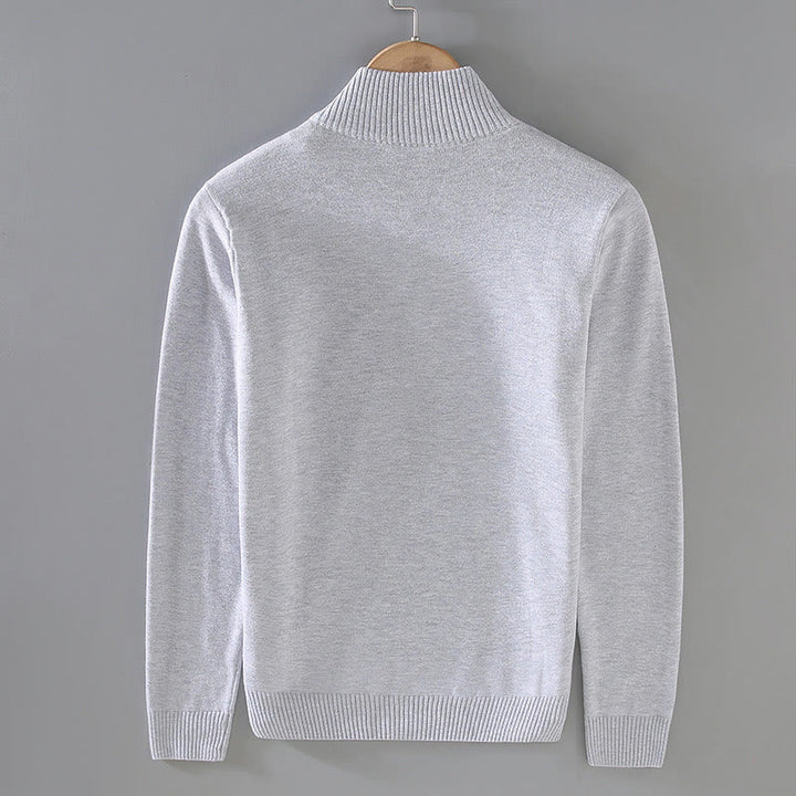 Buddha Stones Gerippter, einfarbiger Saum-Design Herren-Pullover mit Stehkragen und langen Ärmeln aus reiner Baumwolle - image 3
