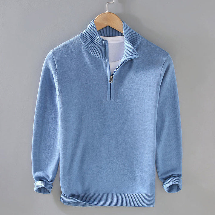 Buddha Stones Gerippter, einfarbiger Saum-Design Herren-Pullover mit Stehkragen und langen Ärmeln aus reiner Baumwolle - Kornblumenblau - US/ UK/AU42, EU52 (3XL) - image 17