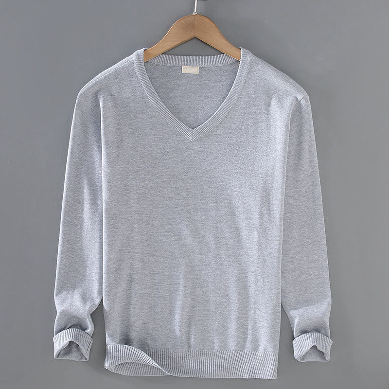 Buddha Stones Einfarbiger V-Ausschnitt Baumwolle Schlichtes Design Herren Langarmpullover - Gainsboro - US/ UK/AU42，EU52 (3XL) - image 0