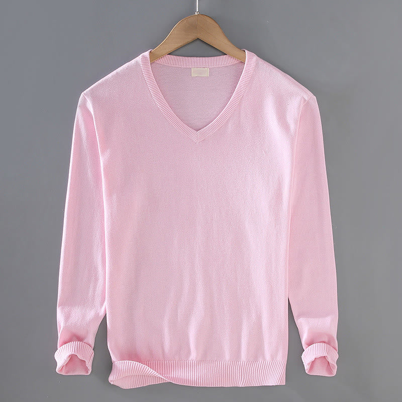 Buddha Stones Einfarbiger V-Ausschnitt Baumwolle Schlichtes Design Herren Langarmpullover - Rosa - US/ UK/AU42，EU52 (3XL) - image 11