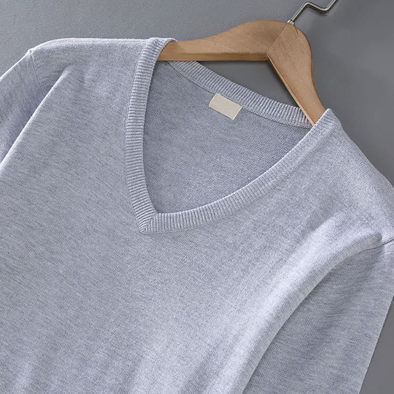 Buddha Stones Einfarbiger V-Ausschnitt Baumwolle Schlichtes Design Herren Langarmpullover - image 2