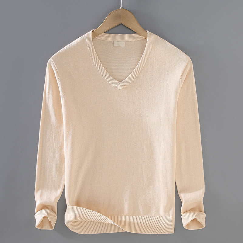 Buddha Stones Einfarbiger V-Ausschnitt Baumwolle Schlichtes Design Herren Langarmpullover - Papaya-Sahne - US/ UK/AU42, EU52 (3XL) - image 8