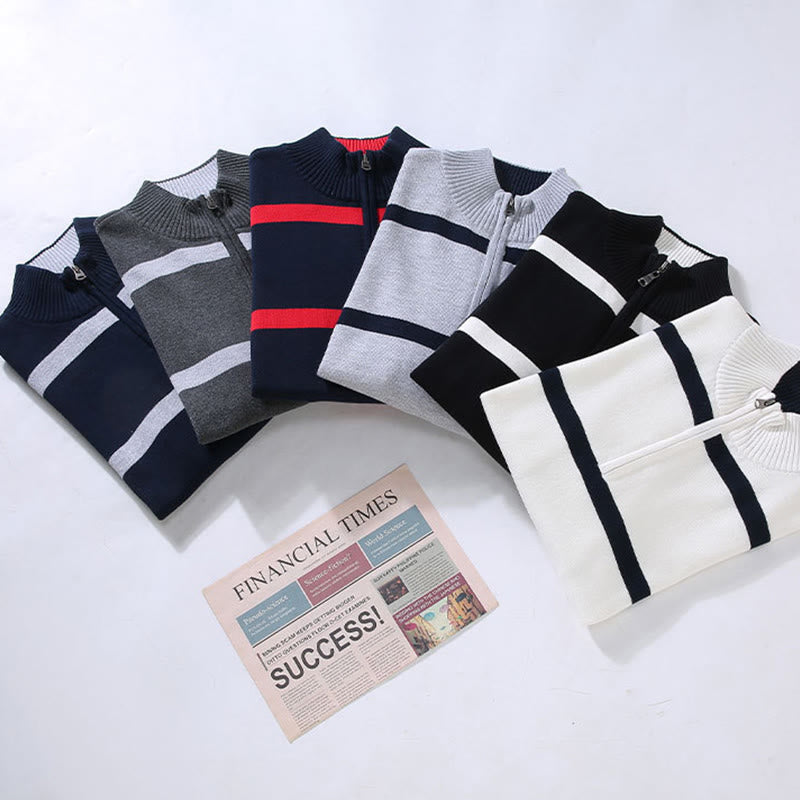 Buddha Stones Farbkontrast gestreifter Halbreißverschluss-Design Langarmpullover aus Baumwolle für Herren - image 15