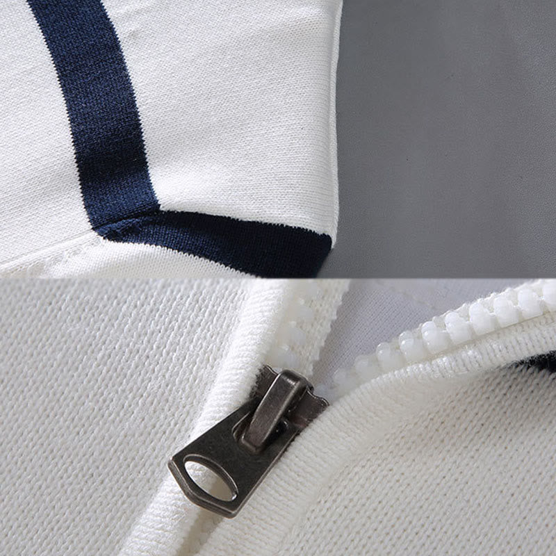 Buddha Stones Farbkontrast gestreifter Halbreißverschluss-Design Langarmpullover aus Baumwolle für Herren - image 5