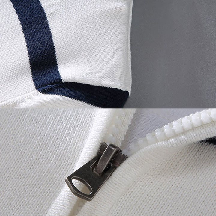 Buddha Stones Farbkontrast gestreifter Halbreißverschluss-Design Langarmpullover aus Baumwolle für Herren - image 5