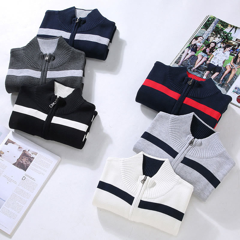 Buddha Stones Farbkontrast gestreifter Halbreißverschluss-Design Langarmpullover aus Baumwolle für Herren - image 13