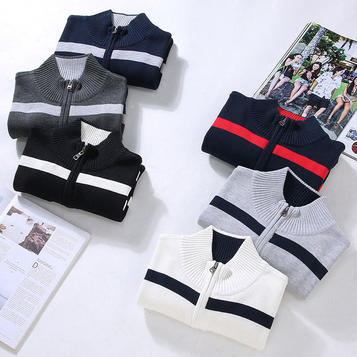 Buddha Stones Farbkontrast gestreifter Halbreißverschluss-Design Langarmpullover aus Baumwolle für Herren - image 13