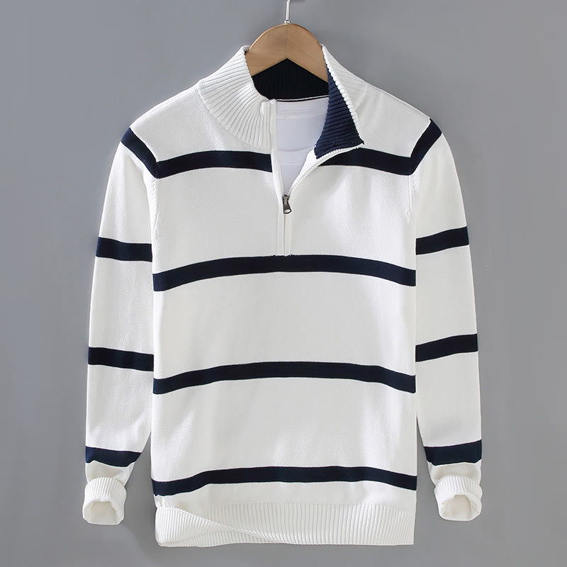 Buddha Stones Farbkontrast gestreifter Halbreißverschluss-Design Langarmpullover aus Baumwolle für Herren - Weiß Mitternachtsblauer Streifen - US/ UK/AU42, EU52 (3XL) - image 1