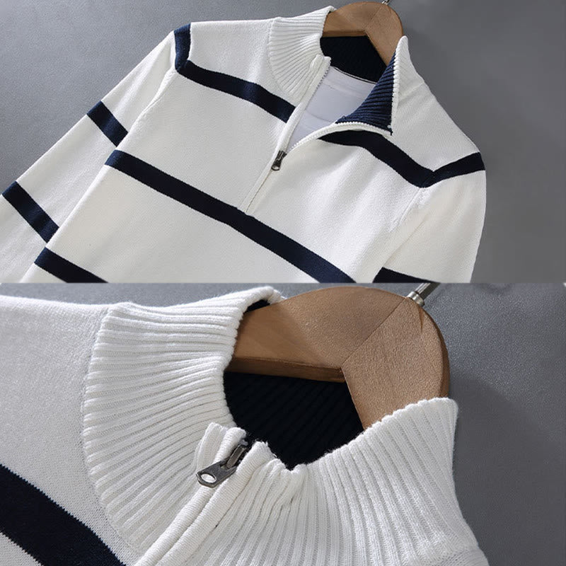 Buddha Stones Farbkontrast gestreifter Halbreißverschluss-Design Langarmpullover aus Baumwolle für Herren - image 4