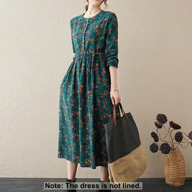 Buddha Stones Commute Floral Drawstring Damen Langarm-Midikleid aus Baumwolle mit Taschen - image 30