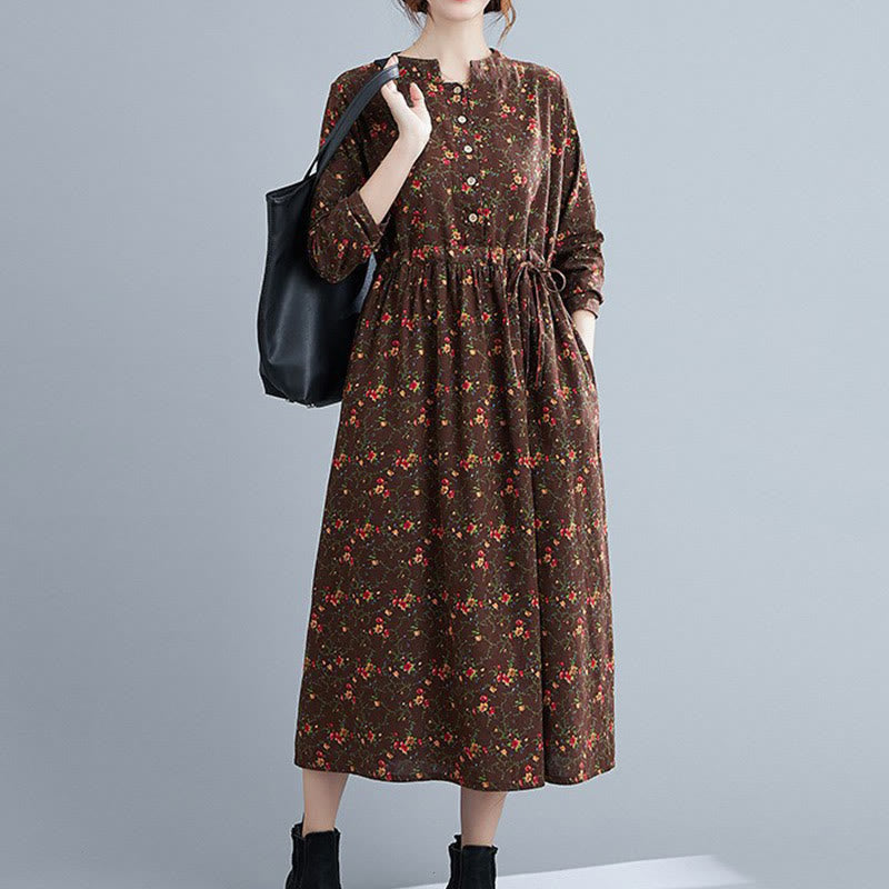 Buddha Stones Commute Floral Drawstring Damen Langarm-Midikleid aus Baumwolle mit Taschen - Sattelbraun - US12， UK/AU16，EU44 (3XL) - image 0