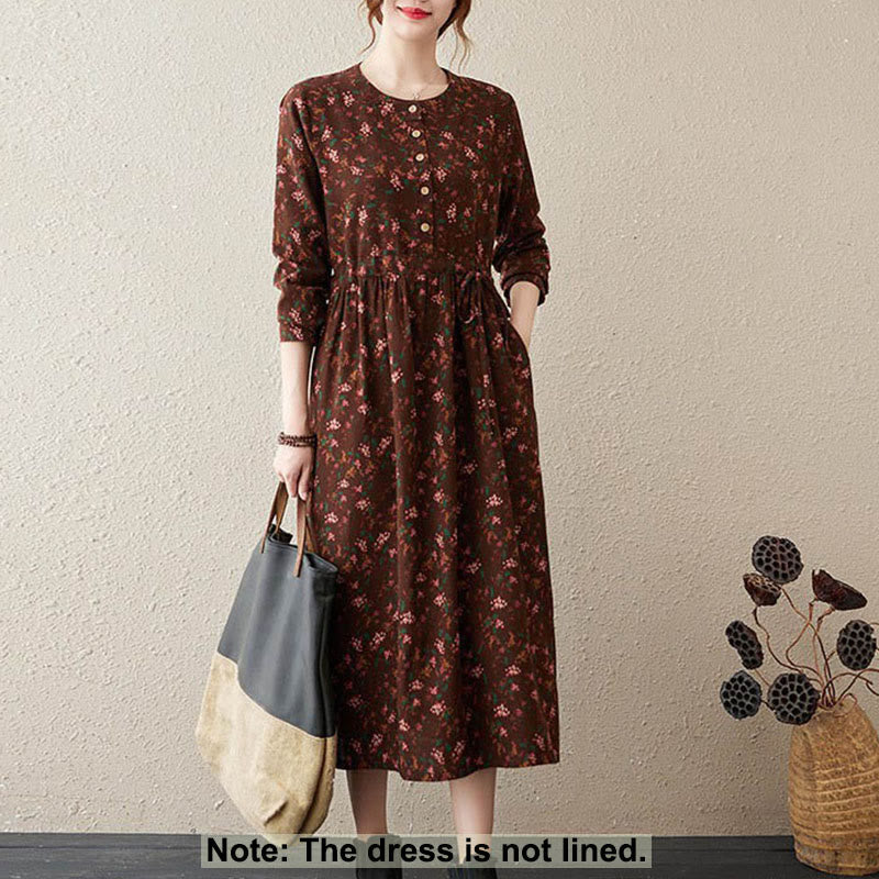 Buddha Stones Commute Floral Drawstring Damen Langarm-Midikleid aus Baumwolle mit Taschen - image 32