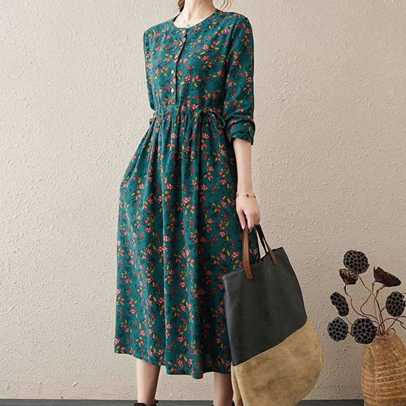 Buddha Stones Commute Floral Drawstring Damen Langarm-Midikleid aus Baumwolle mit Taschen - WaldGrün - US12， UK/AU16，EU44 (3XL) - image 29