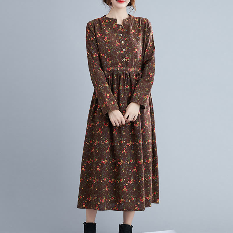 Buddha Stones Commute Floral Drawstring Damen Langarm-Midikleid aus Baumwolle mit Taschen - image 5