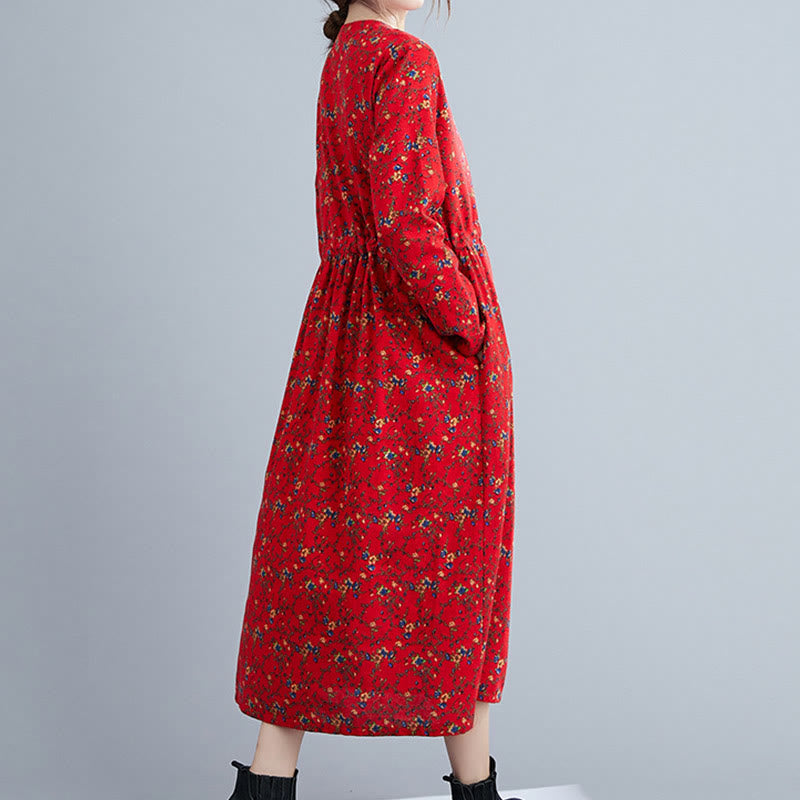 Buddha Stones Commute Floral Drawstring Damen Langarm-Midikleid aus Baumwolle mit Taschen - image 21