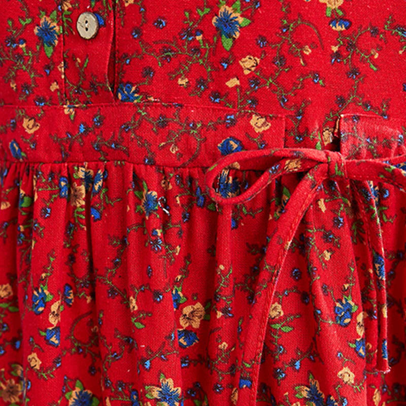Buddha Stones Commute Floral Drawstring Damen Langarm-Midikleid aus Baumwolle mit Taschen - image 27