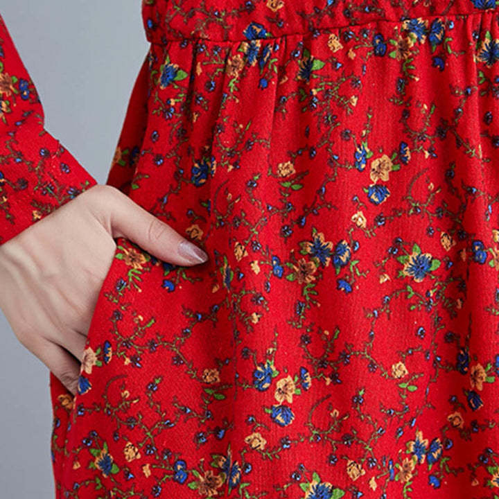 Buddha Stones Commute Floral Drawstring Damen Langarm-Midikleid aus Baumwolle mit Taschen - image 26