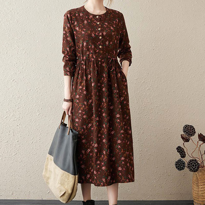 Buddha Stones Commute Floral Drawstring Damen Langarm-Midikleid aus Baumwolle mit Taschen - Braun - US12， UK/AU16，EU44 (3XL) - image 31