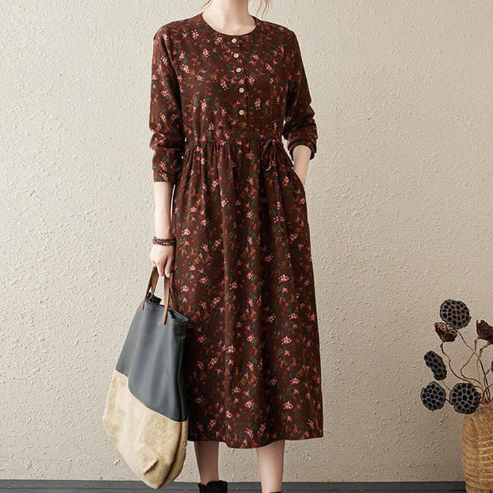 Buddha Stones Commute Floral Drawstring Damen Langarm-Midikleid aus Baumwolle mit Taschen - Braun - US12， UK/AU16，EU44 (3XL) - image 31