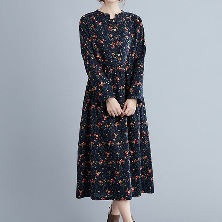 Buddha Stones Commute Floral Drawstring Damen Langarm-Midikleid aus Baumwolle mit Taschen - image 15