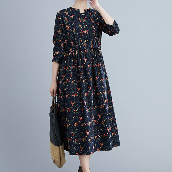 Buddha Stones Commute Floral Drawstring Damen Langarm-Midikleid aus Baumwolle mit Taschen - image 14