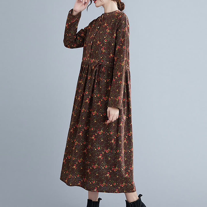 Buddha Stones Commute Floral Drawstring Damen Langarm-Midikleid aus Baumwolle mit Taschen - image 4