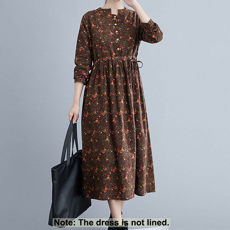 Buddha Stones Commute Floral Drawstring Damen Langarm-Midikleid aus Baumwolle mit Taschen - image 1