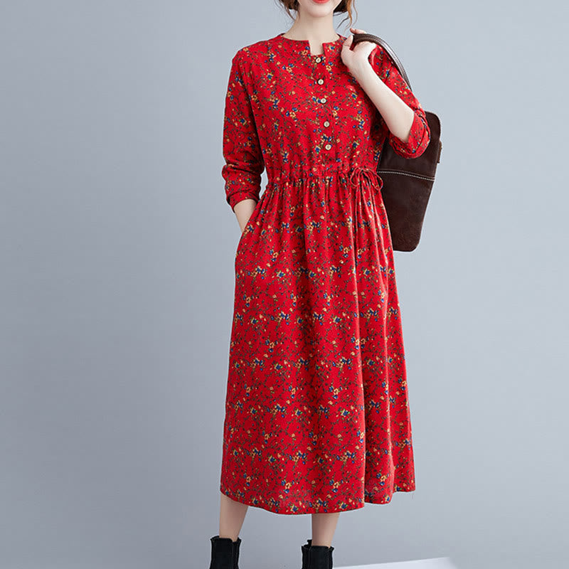 Buddha Stones Commute Floral Drawstring Damen Langarm-Midikleid aus Baumwolle mit Taschen - image 19