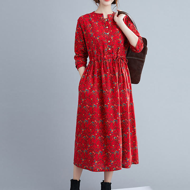 Buddha Stones Commute Floral Drawstring Damen Langarm-Midikleid aus Baumwolle mit Taschen - image 19