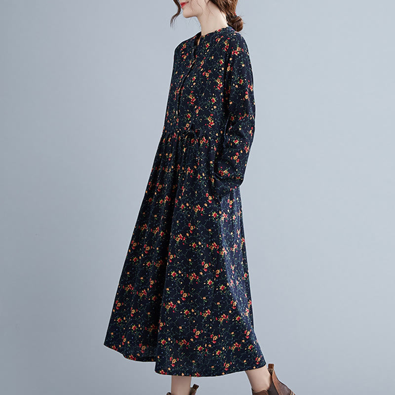 Buddha Stones Commute Floral Drawstring Damen Langarm-Midikleid aus Baumwolle mit Taschen - image 16
