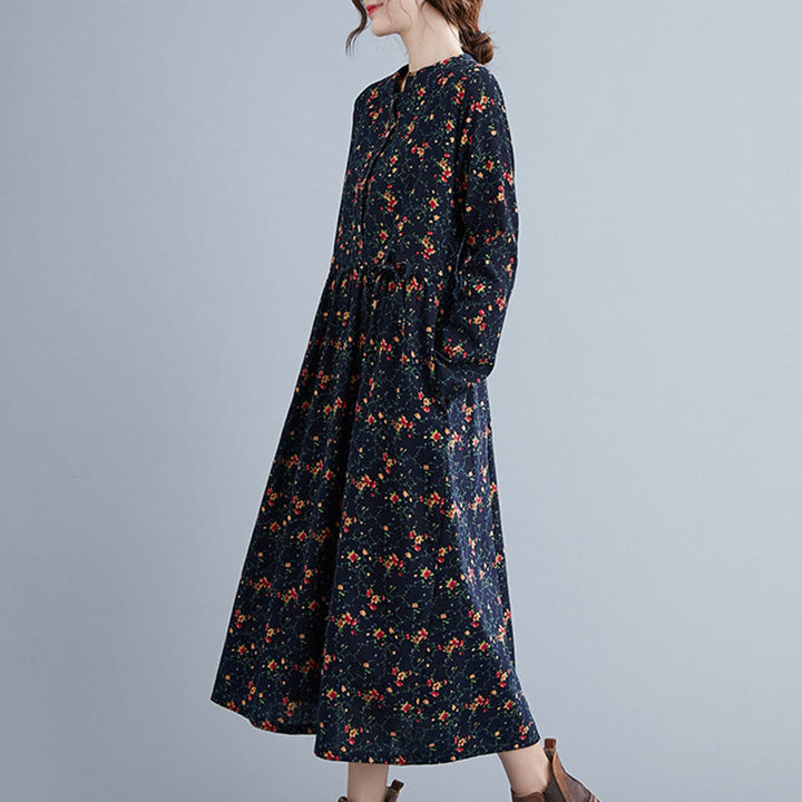 Buddha Stones Commute Floral Drawstring Damen Langarm-Midikleid aus Baumwolle mit Taschen - image 16