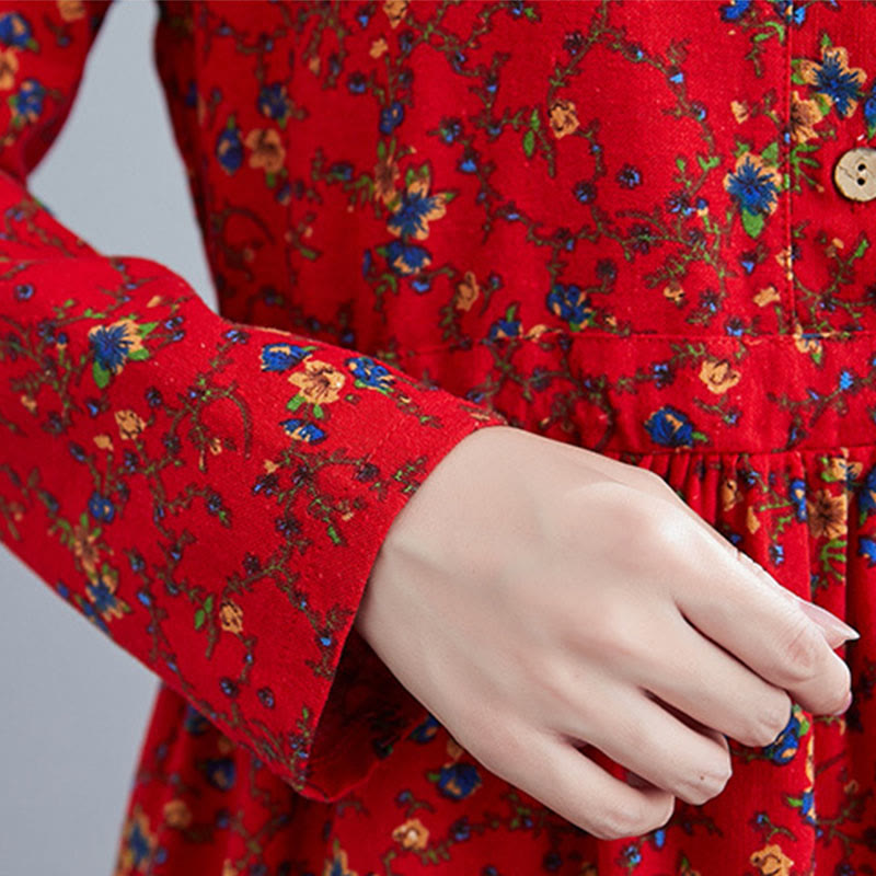 Buddha Stones Commute Floral Drawstring Damen Langarm-Midikleid aus Baumwolle mit Taschen - image 25