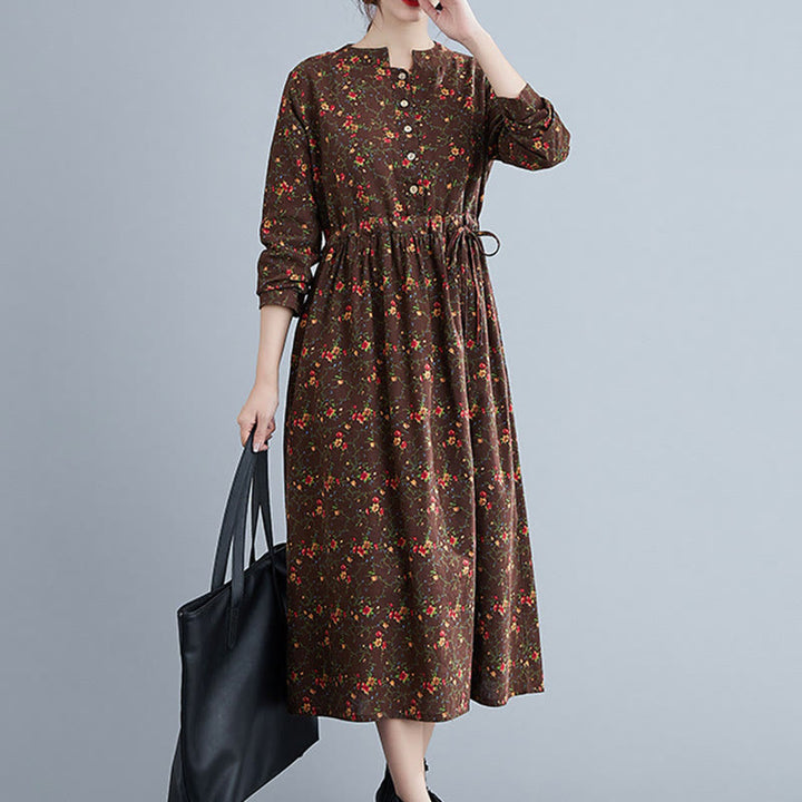 Buddha Stones Commute Floral Drawstring Damen Langarm-Midikleid aus Baumwolle mit Taschen - image 3