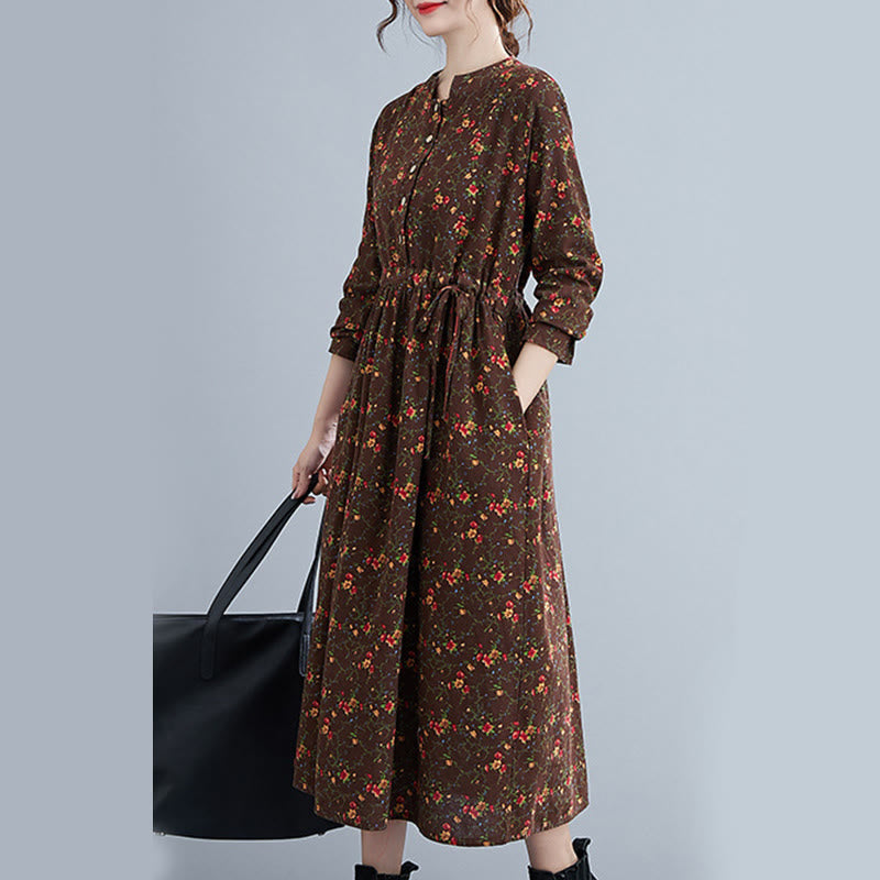 Buddha Stones Commute Floral Drawstring Damen Langarm-Midikleid aus Baumwolle mit Taschen - image 2