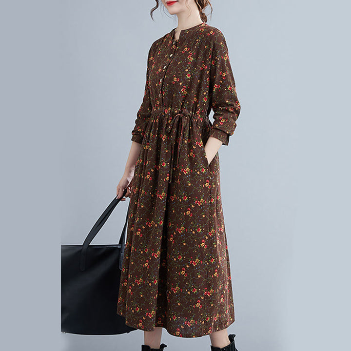 Buddha Stones Commute Floral Drawstring Damen Langarm-Midikleid aus Baumwolle mit Taschen - image 2