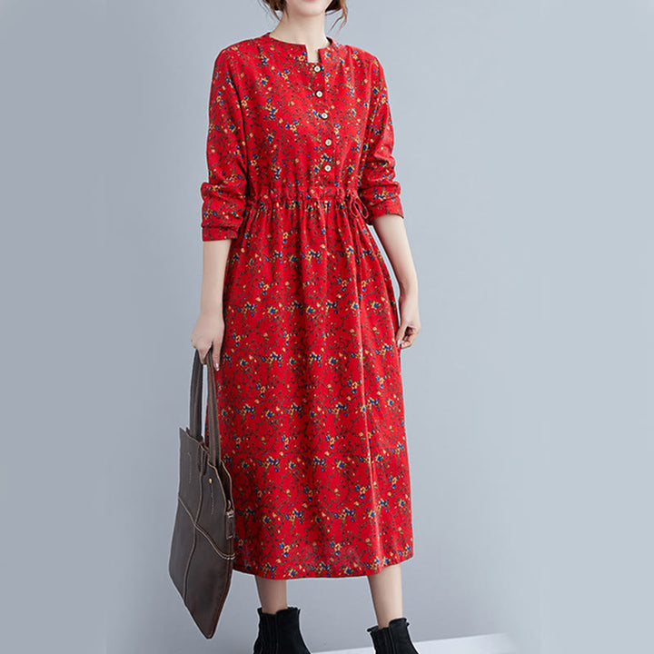 Buddha Stones Commute Floral Drawstring Damen Langarm-Midikleid aus Baumwolle mit Taschen - image 20