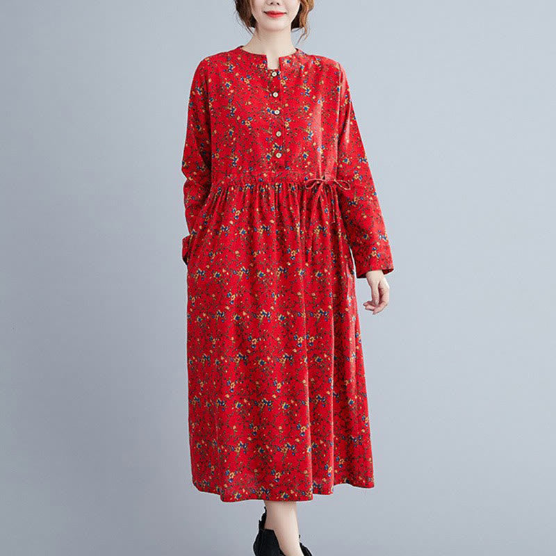 Buddha Stones Commute Floral Drawstring Damen Langarm-Midikleid aus Baumwolle mit Taschen - Rot - US12， UK/AU16，EU44 (3XL) - image 17