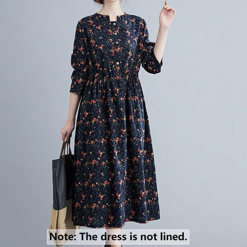 Buddha Stones Commute Floral Drawstring Damen Langarm-Midikleid aus Baumwolle mit Taschen - image 13