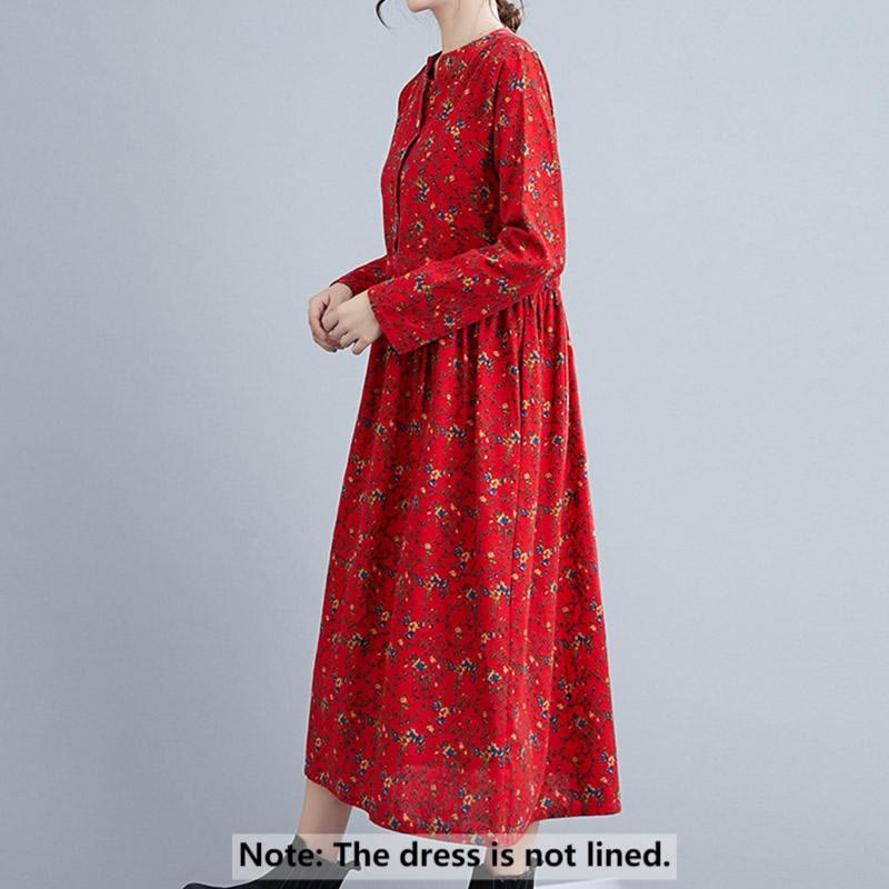 Buddha Stones Commute Floral Drawstring Damen Langarm-Midikleid aus Baumwolle mit Taschen - image 18