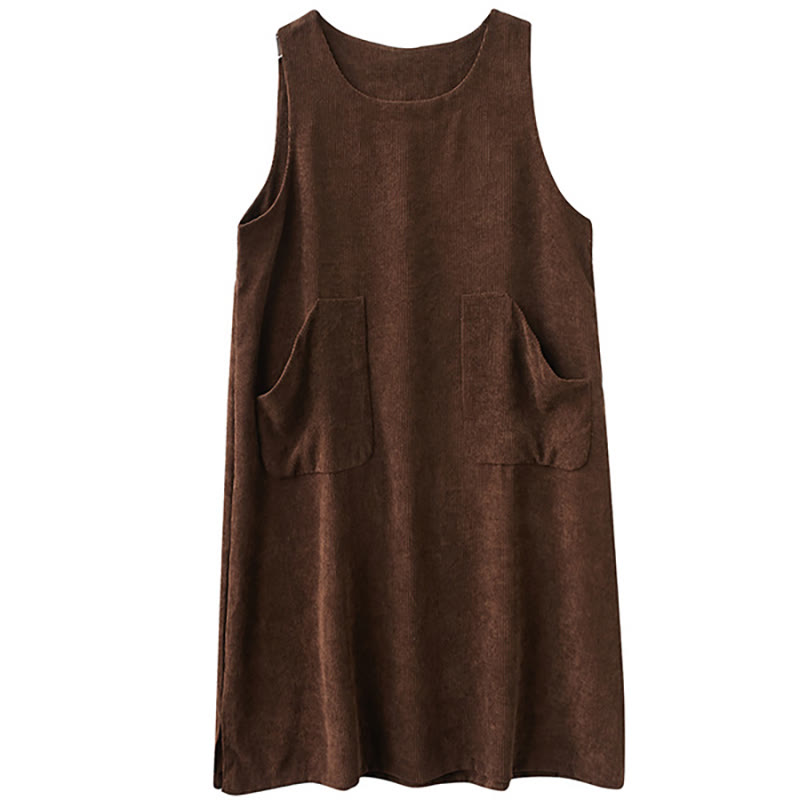 Buddha Stones Commute Damen-Midikleid mit Rundhalsausschnitt, ärmellos, aus Baumwollcord mit Taschen - image 14