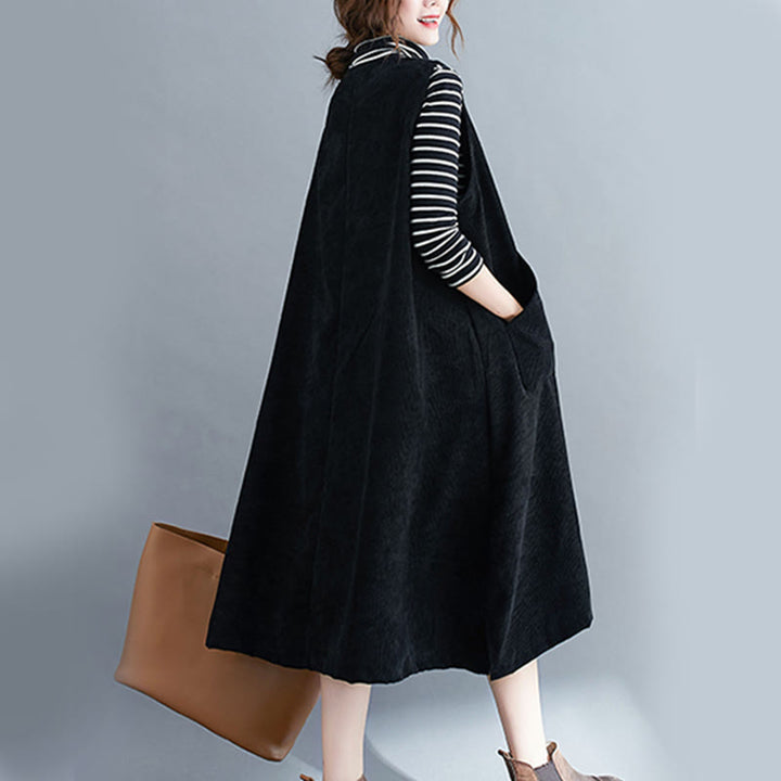 Buddha Stones Commute Damen-Midikleid mit Rundhalsausschnitt, ärmellos, aus Baumwollcord mit Taschen - image 20