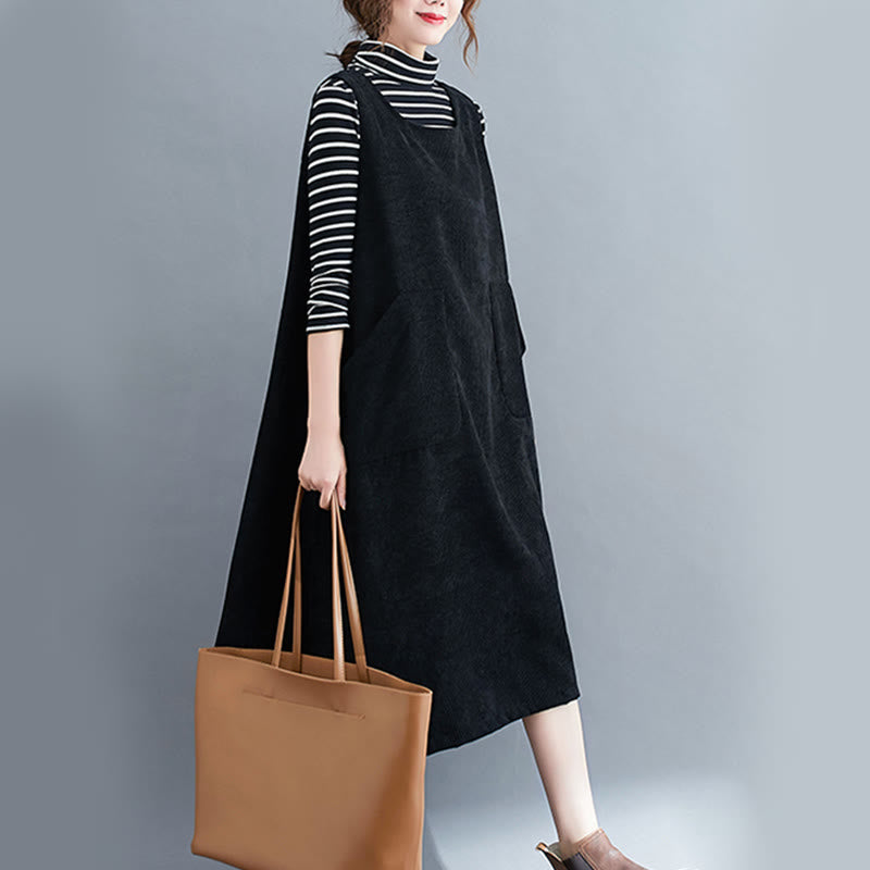 Buddha Stones Commute Damen-Midikleid mit Rundhalsausschnitt, ärmellos, aus Baumwollcord mit Taschen - image 17