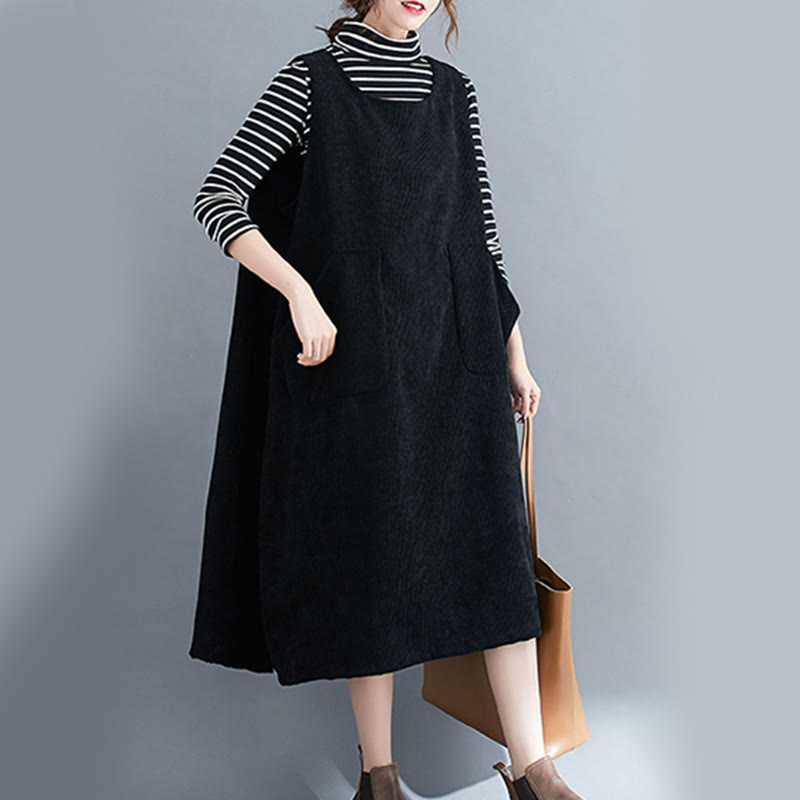 Buddha Stones Commute Damen-Midikleid mit Rundhalsausschnitt, ärmellos, aus Baumwollcord mit Taschen - image 19