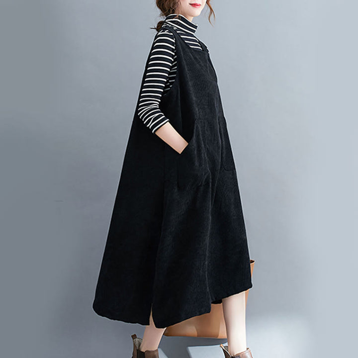 Buddha Stones Commute Damen-Midikleid mit Rundhalsausschnitt, ärmellos, aus Baumwollcord mit Taschen - image 18