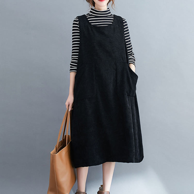 Buddha Stones Commute Damen-Midikleid mit Rundhalsausschnitt, ärmellos, aus Baumwollcord mit Taschen - Schwarz - US12, UK/AU16, EU44 (2XL) - image 15